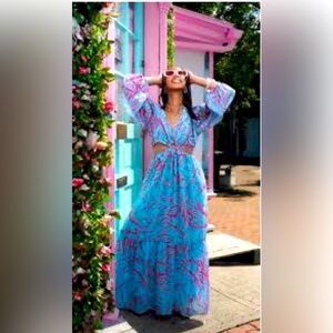 V Neck Maxi Dress Color: Pink and Blue Size:XS Brand: Jessica Simpson